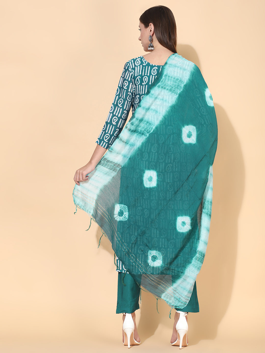 Ethnic Printed & Embroidered Kurta with Pants & Dupatta – Teal Green