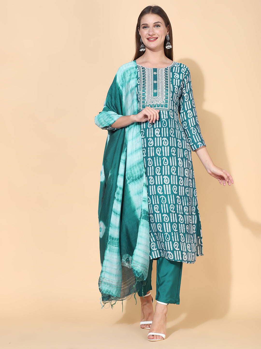 Ethnic Printed & Embroidered Kurta with Pants & Dupatta – Teal Green