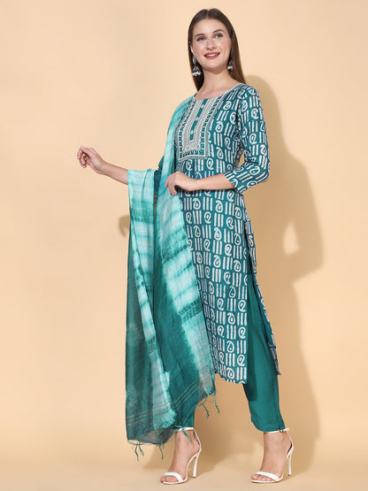 Ethnic Printed & Embroidered Kurta with Pants & Dupatta – Teal Green