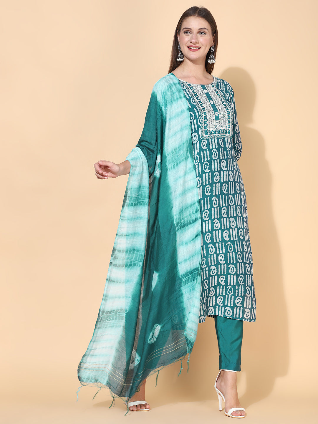 Ethnic Printed & Embroidered Kurta with Pants & Dupatta – Teal Green