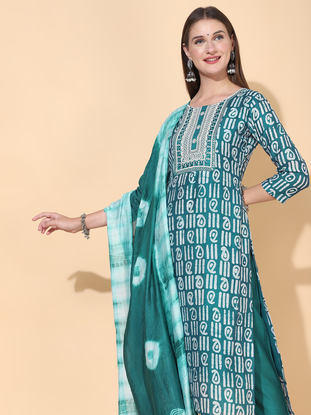 Ethnic Printed & Embroidered Kurta with Pants & Dupatta – Teal Green