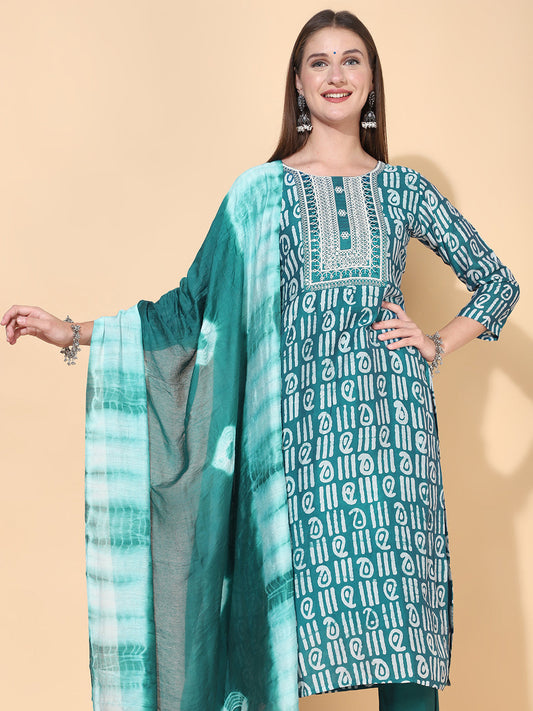 Ethnic Printed & Embroidered Kurta with Pants & Dupatta – Teal Green