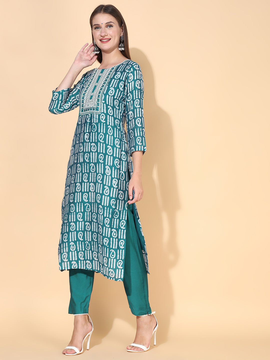 Ethnic Printed & Embroidered Kurta with Pants & Dupatta – Teal Green