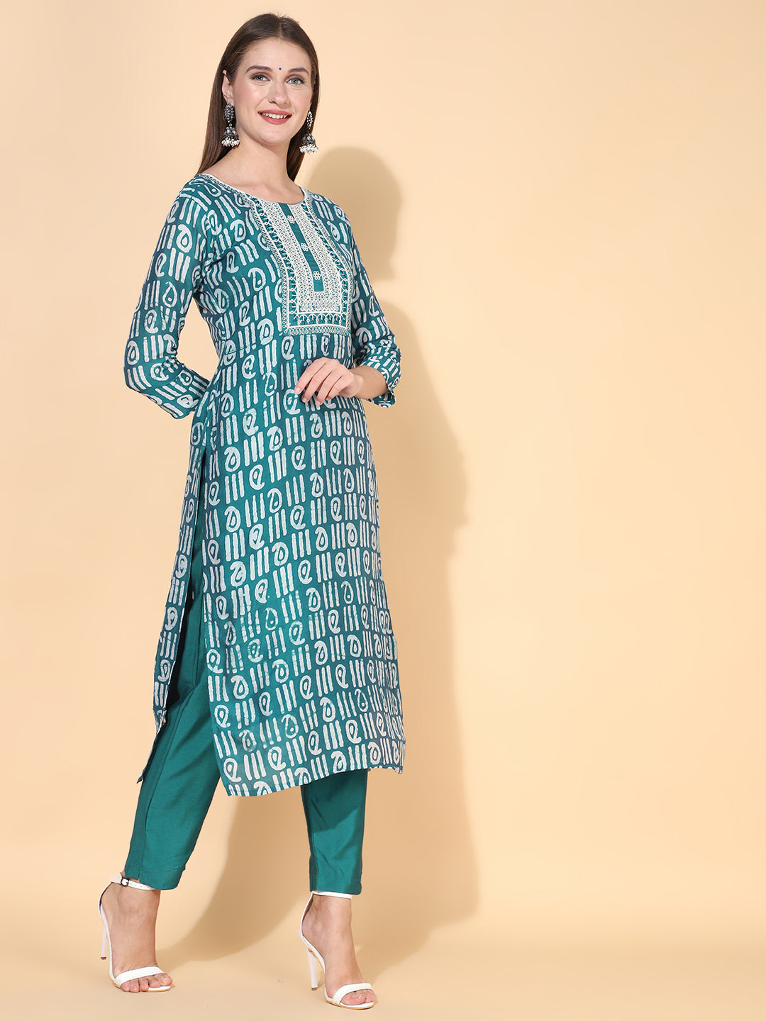 Ethnic Printed & Embroidered Kurta with Pants & Dupatta – Teal Green