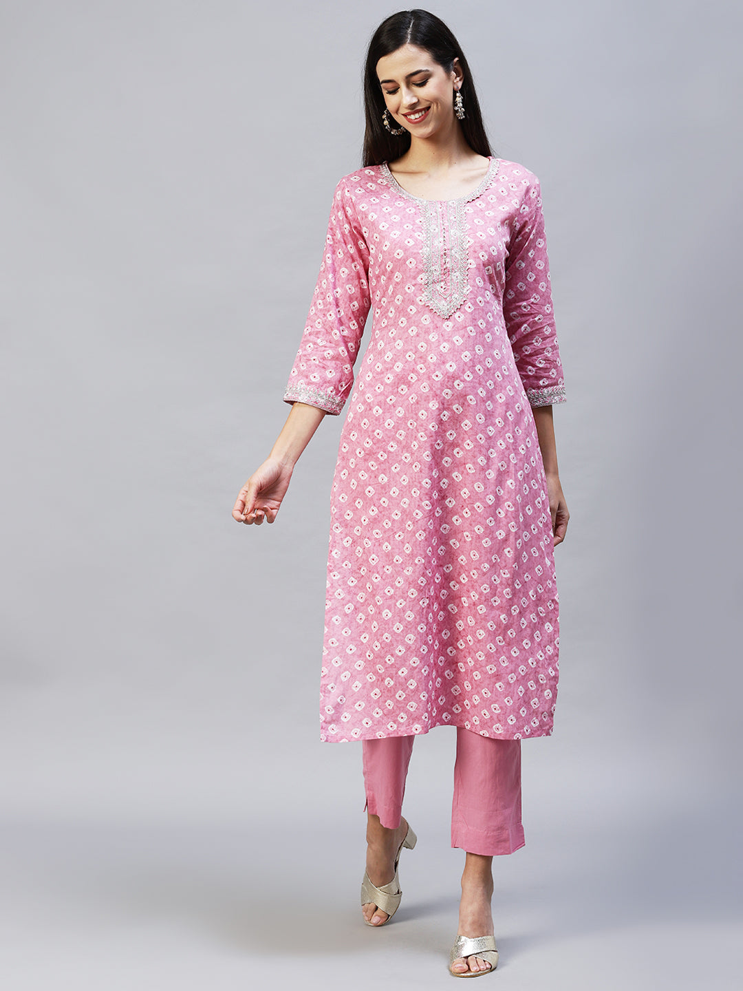 Ethnic Printed & Embroidered Straight Kurta with Pants - Pink