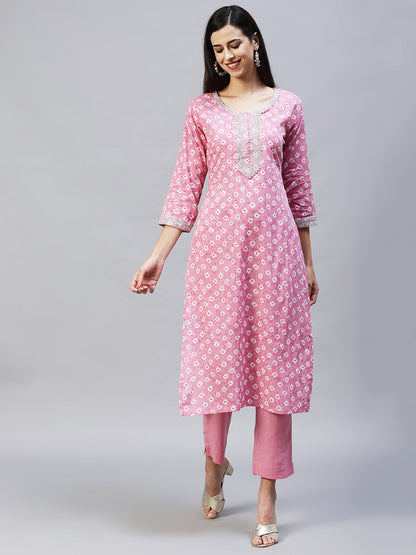 Ethnic Printed & Embroidered Straight Kurta with Pants - Pink