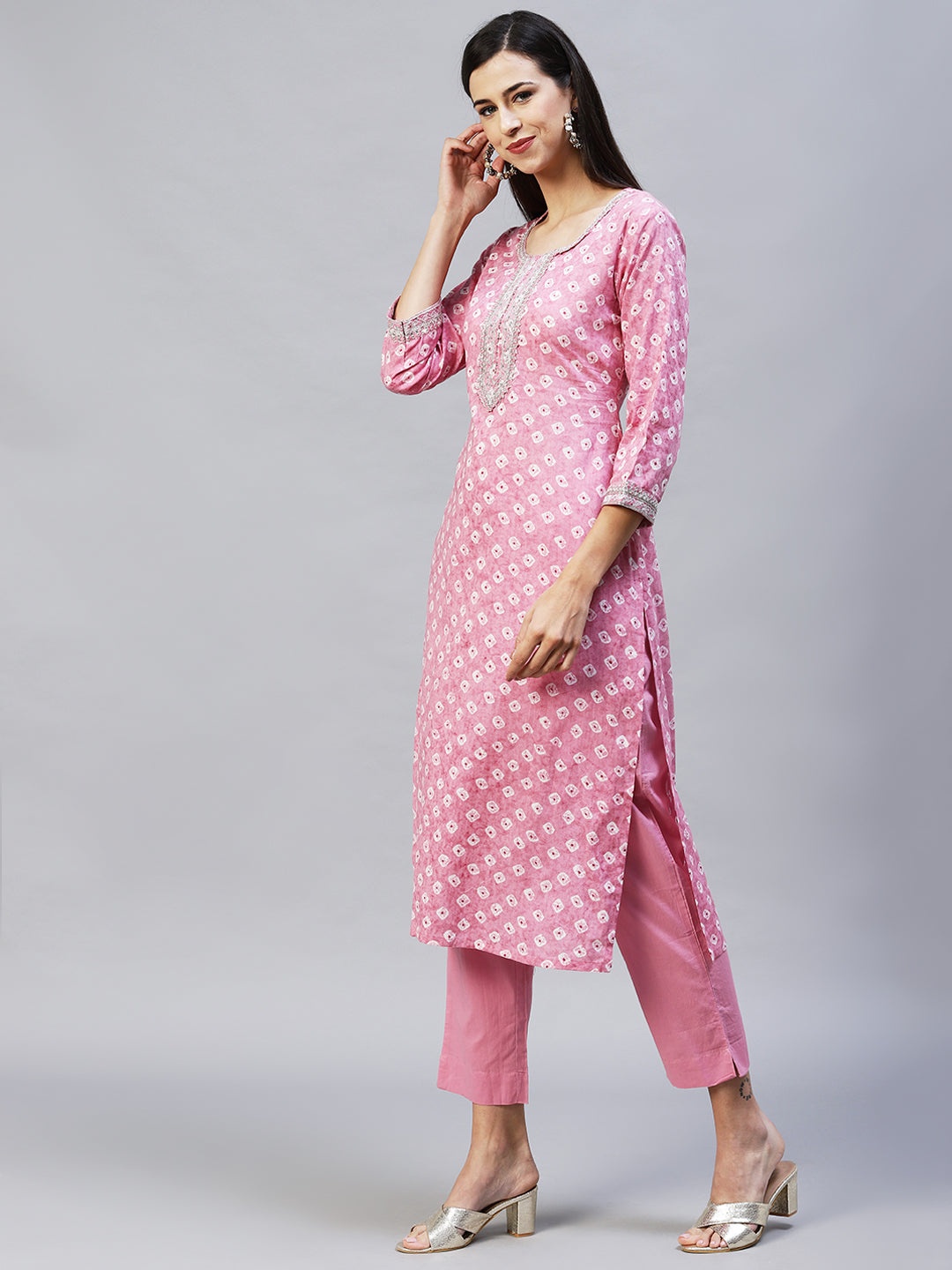 Ethnic Printed & Embroidered Straight Kurta with Pants - Pink