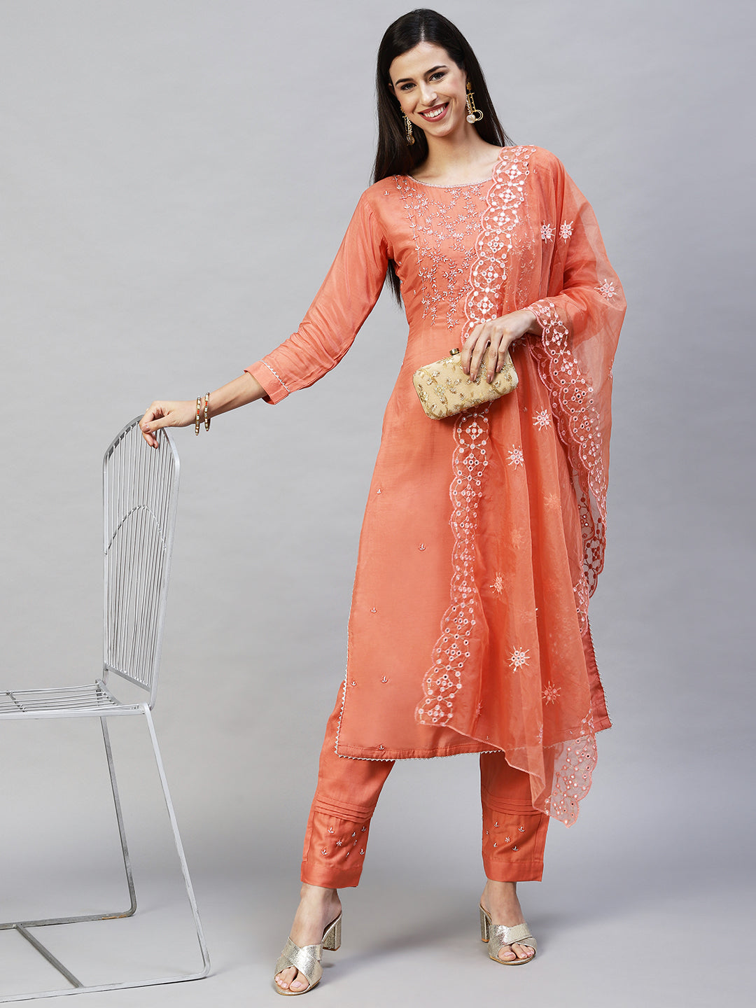 Embroidered Straight Kurta with Pants & Dupatta - Coral