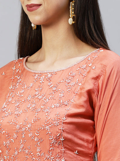 Embroidered Straight Kurta with Pants & Dupatta - Coral