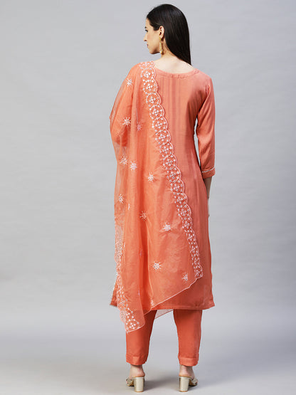 Embroidered Straight Kurta with Pants & Dupatta - Coral