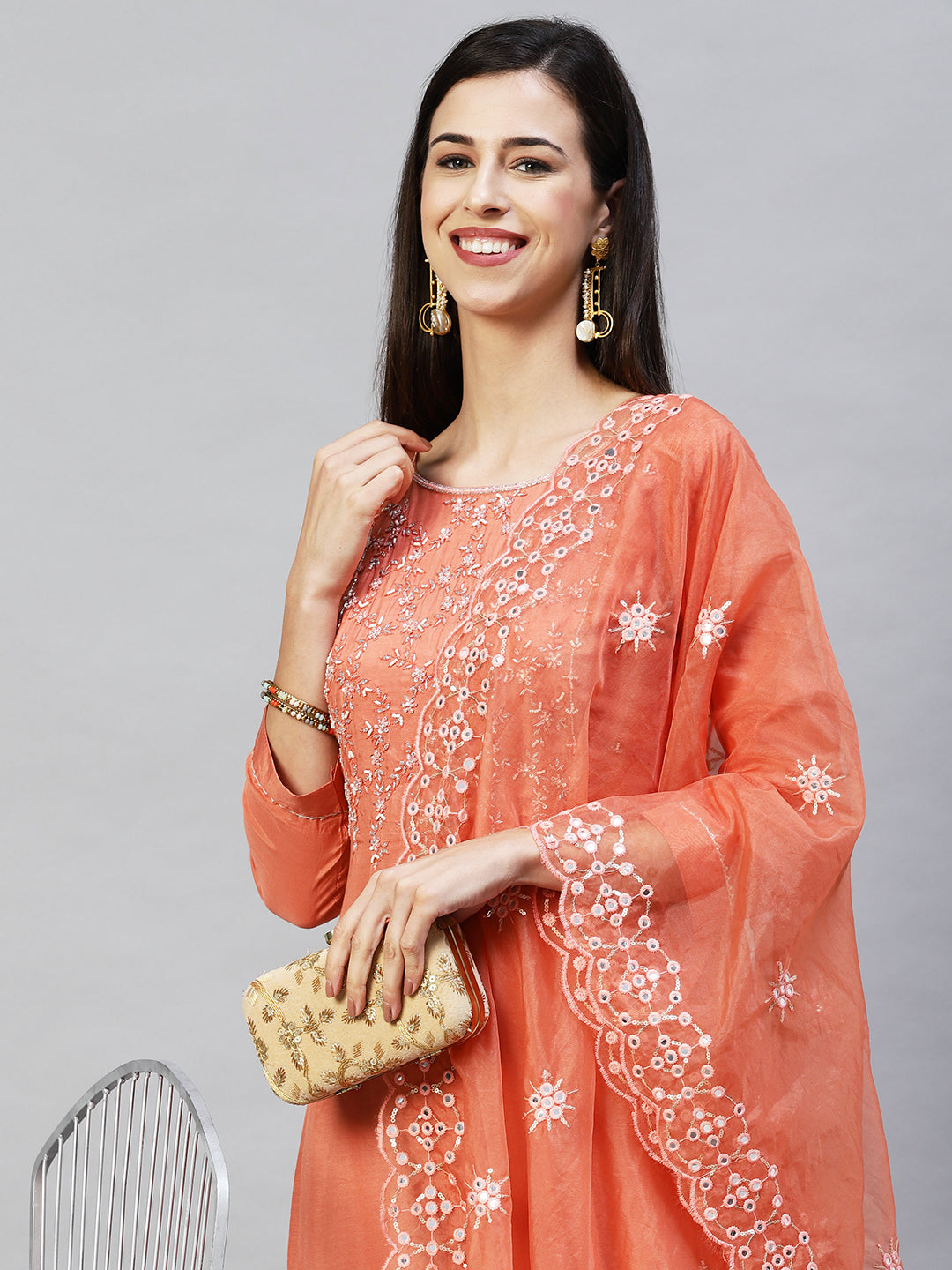 Embroidered Straight Kurta with Pants & Dupatta - Coral