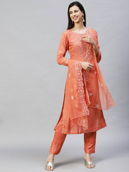 Embroidered Straight Kurta with Pants & Dupatta - Coral