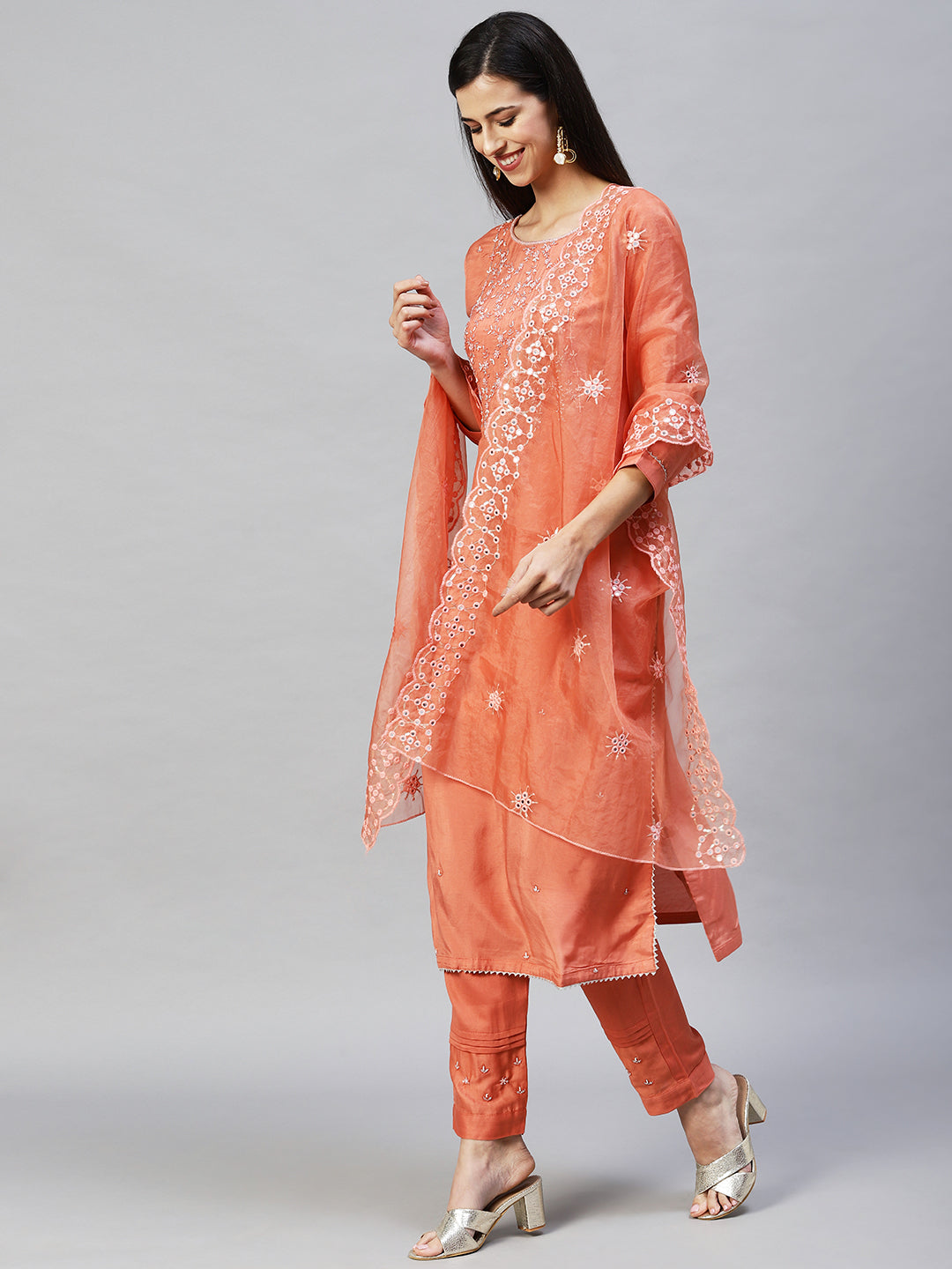 Embroidered Straight Kurta with Pants & Dupatta - Coral