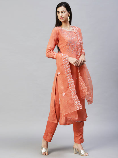 Embroidered Straight Kurta with Pants & Dupatta - Coral