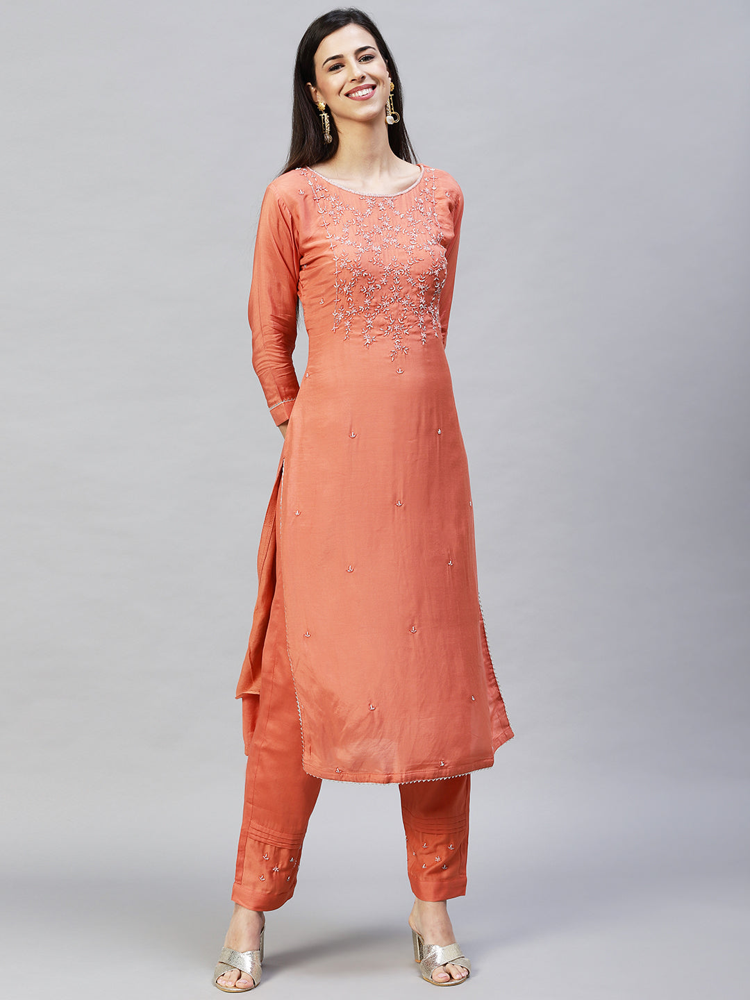 Embroidered Straight Kurta with Pants & Dupatta - Coral