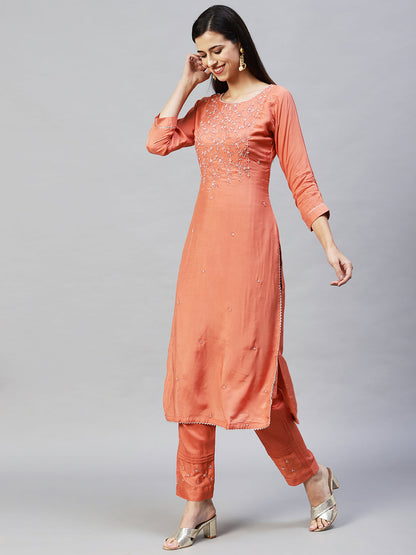 Embroidered Straight Kurta with Pants & Dupatta - Coral