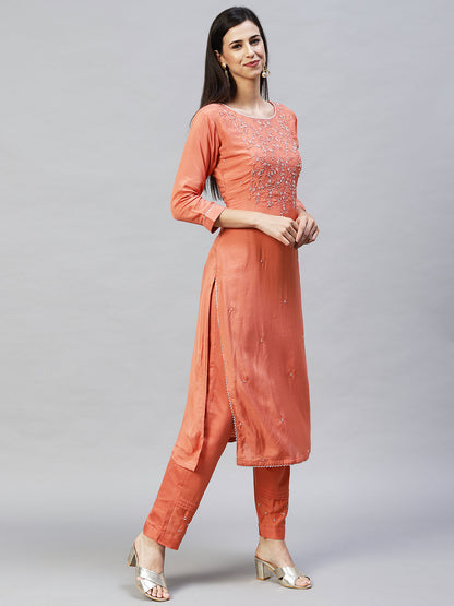 Embroidered Straight Kurta with Pants & Dupatta - Coral