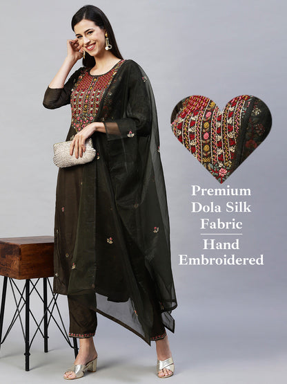 Embroidered Straight Kurta with Pants & Dupatta - Dark Green