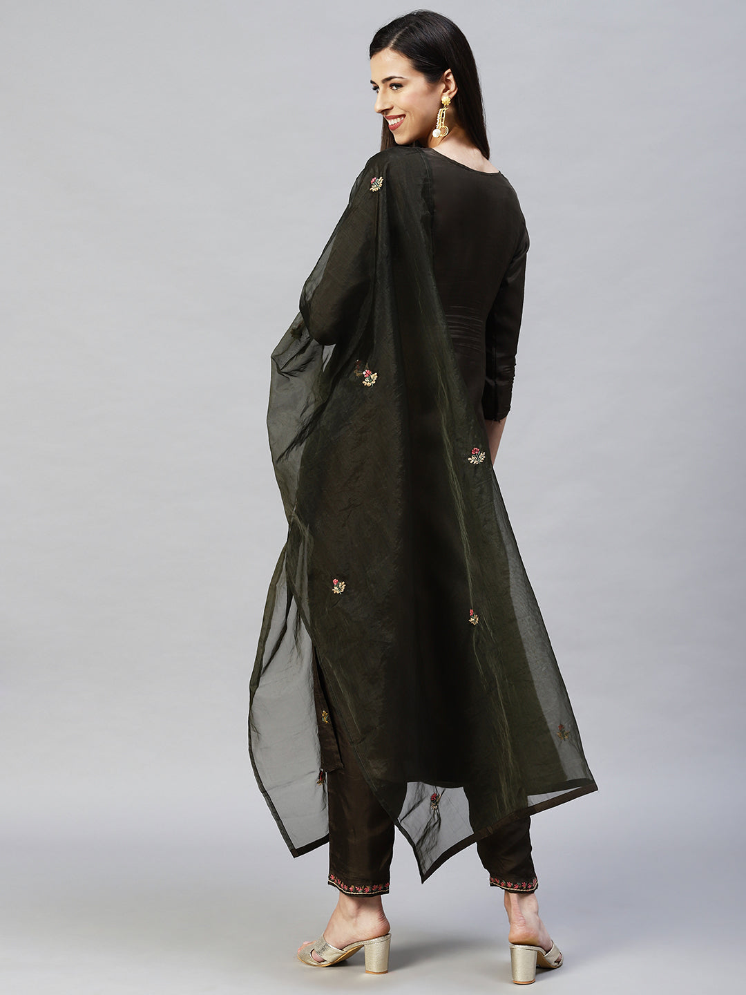 Embroidered Straight Kurta with Pants & Dupatta - Dark Green