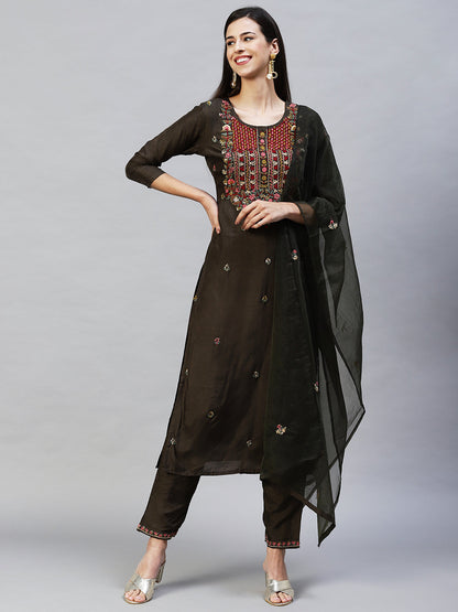 Embroidered Straight Kurta with Pants & Dupatta - Dark Green