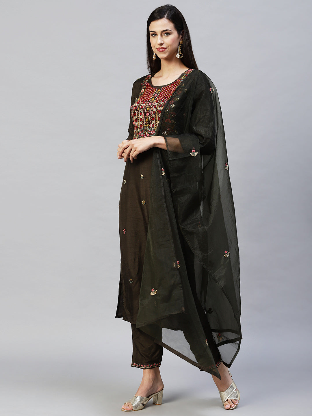 Embroidered Straight Kurta with Pants & Dupatta - Dark Green