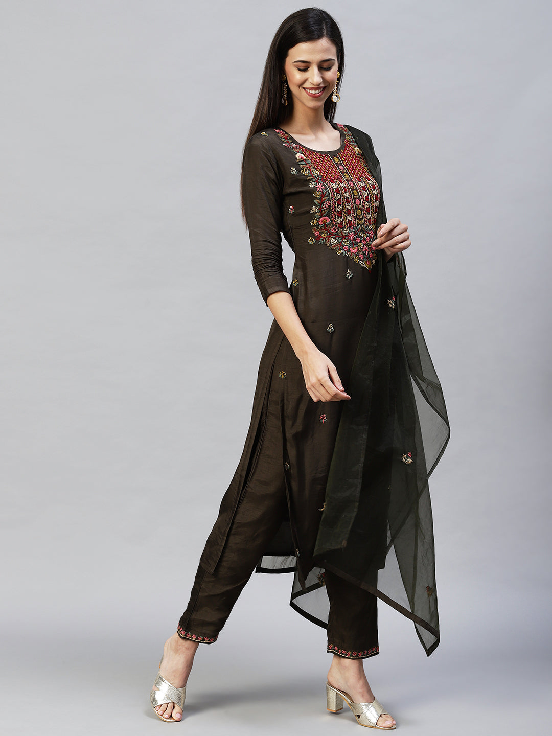 Embroidered Straight Kurta with Pants & Dupatta - Dark Green