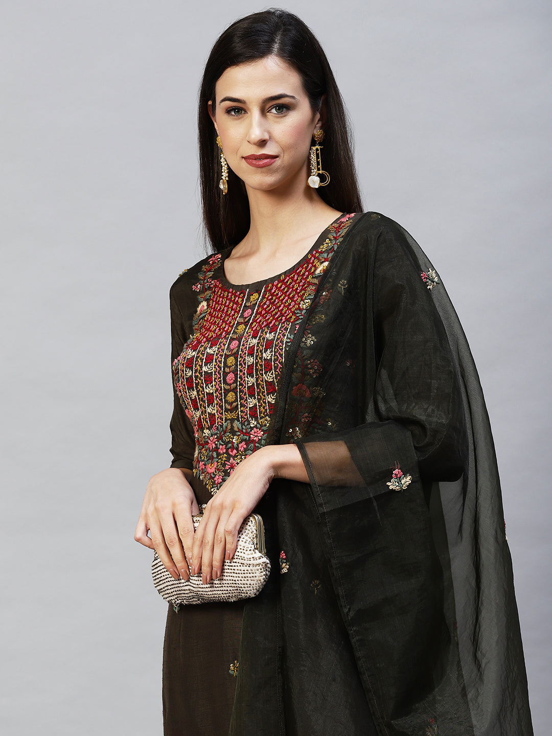 Embroidered Straight Kurta with Pants & Dupatta - Dark Green