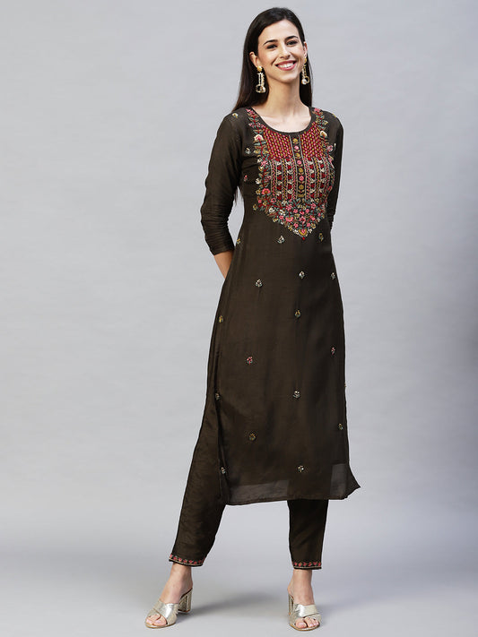 Embroidered Straight Kurta with Pants & Dupatta - Dark Green