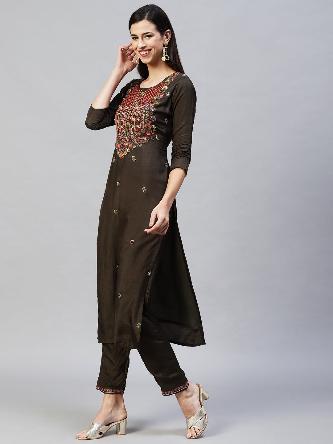 Embroidered Straight Kurta with Pants & Dupatta - Dark Green