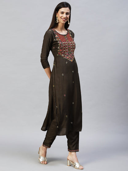 Embroidered Straight Kurta with Pants & Dupatta - Dark Green