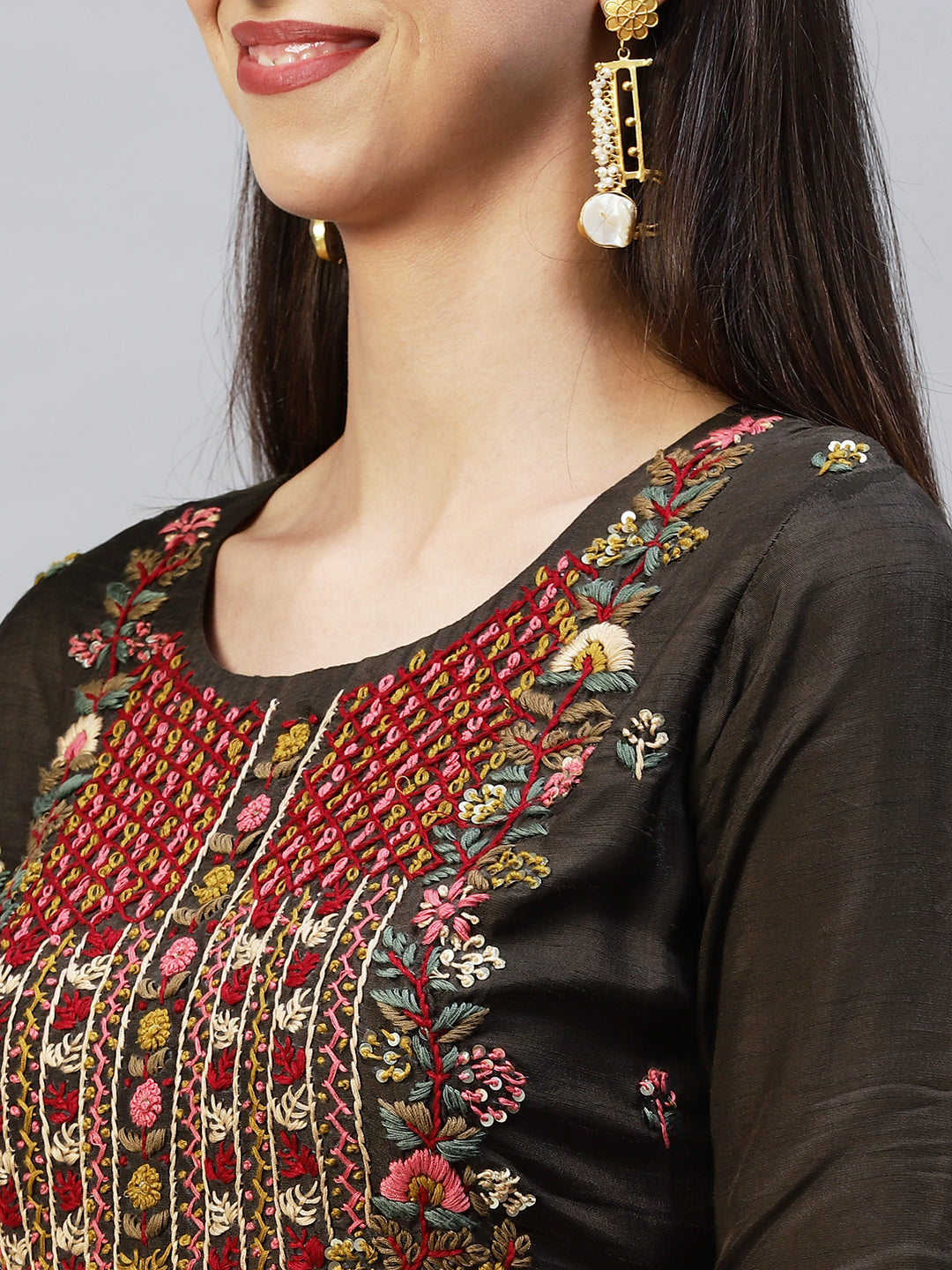 Embroidered Straight Kurta with Pants & Dupatta - Dark Green