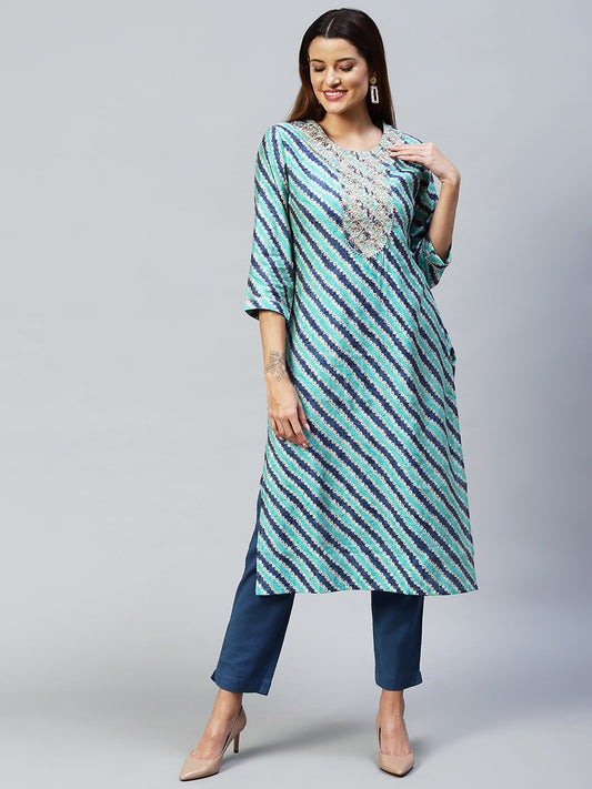 Ethnic Printed & Embroidered Straight Fit Kurta - Multi