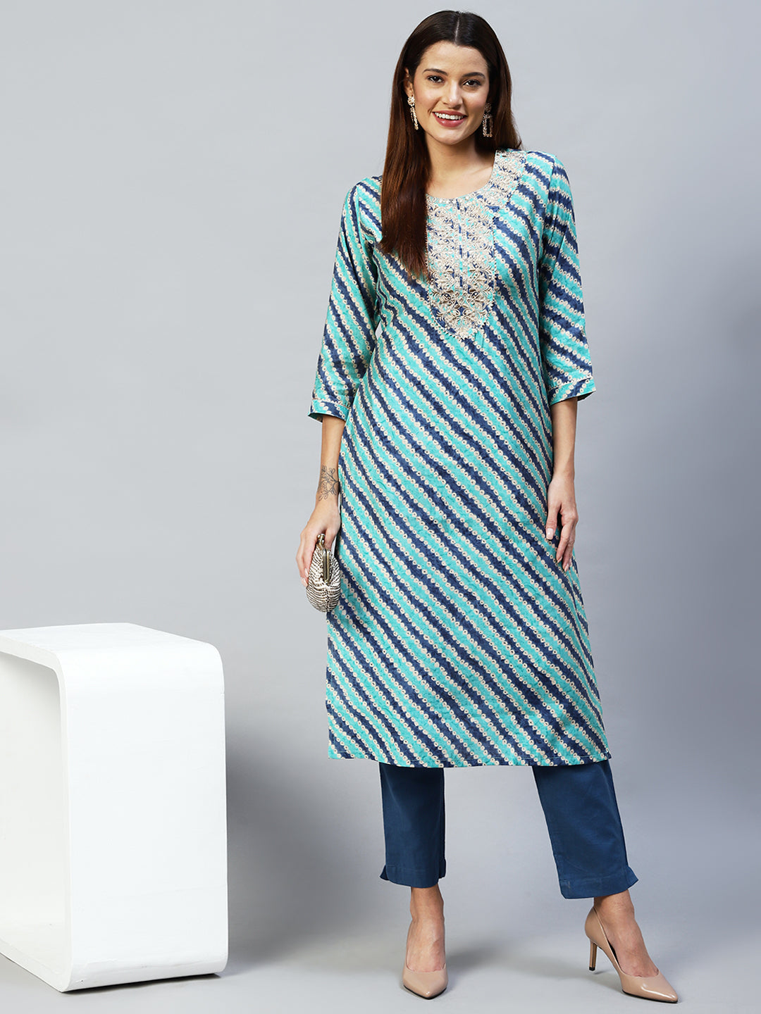 Ethnic Printed & Embroidered Straight Fit Kurta - Multi