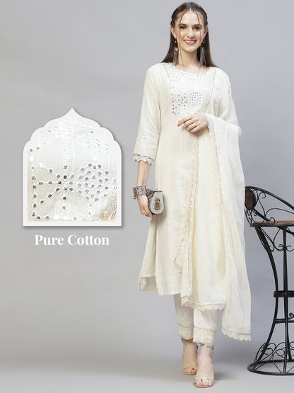 Ethnic Embroidered Straight Kurta with Pants & Dupatta - Off White