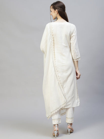 Ethnic Embroidered Straight Kurta with Pants & Dupatta - Off White