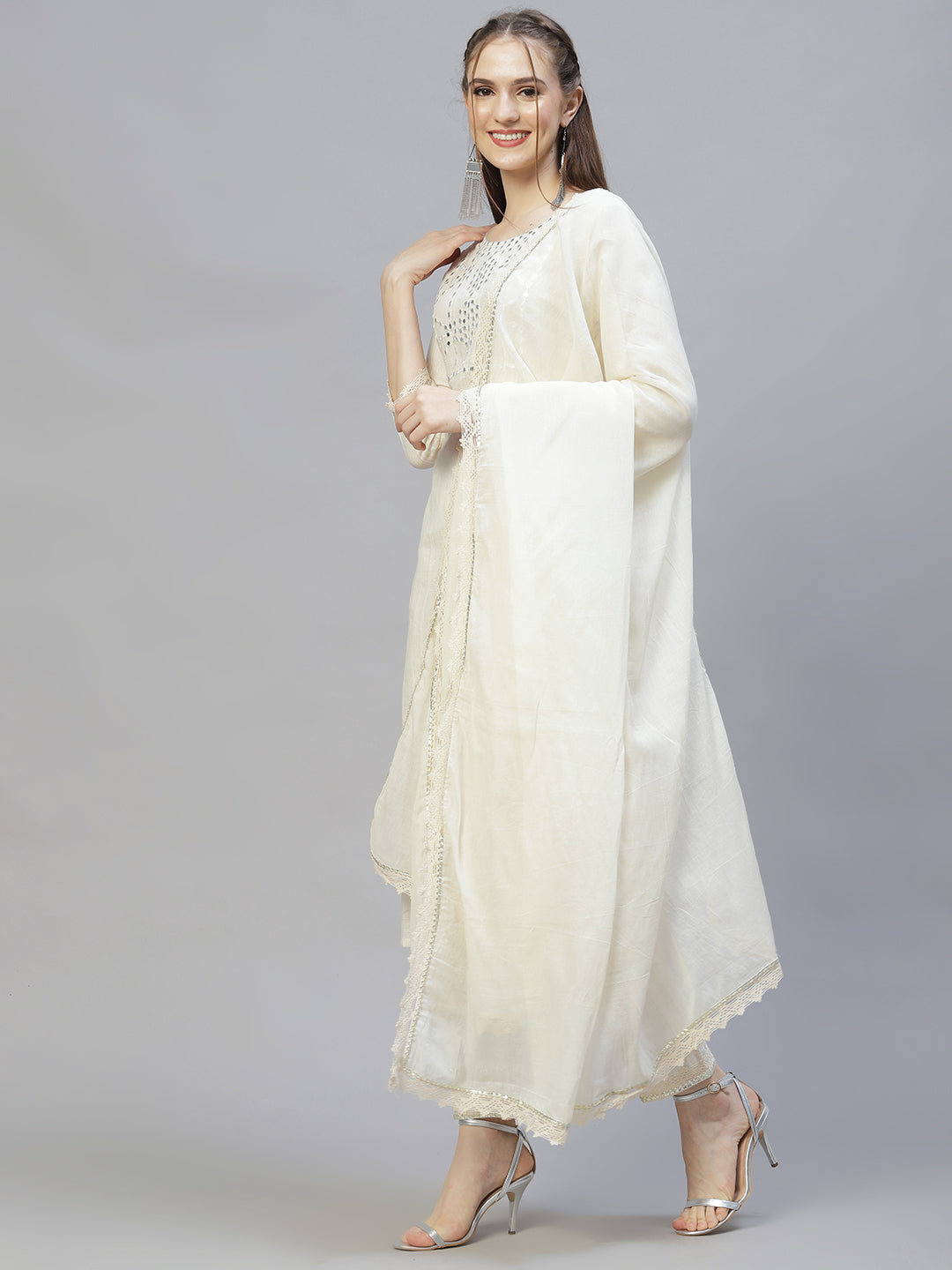 Ethnic Embroidered Straight Kurta with Pants & Dupatta - Off White