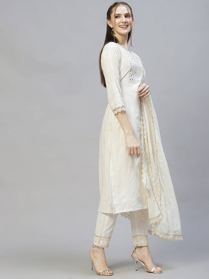 Ethnic Embroidered Straight Kurta with Pants & Dupatta - Off White