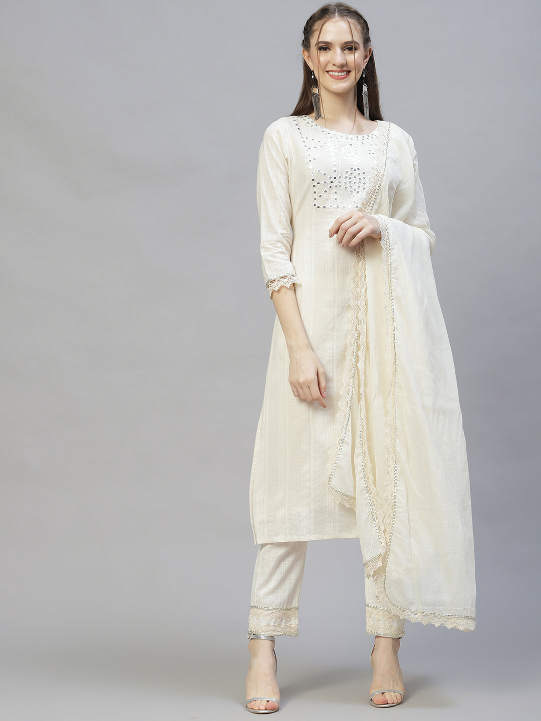 Ethnic Embroidered Straight Kurta with Pants & Dupatta - Off White