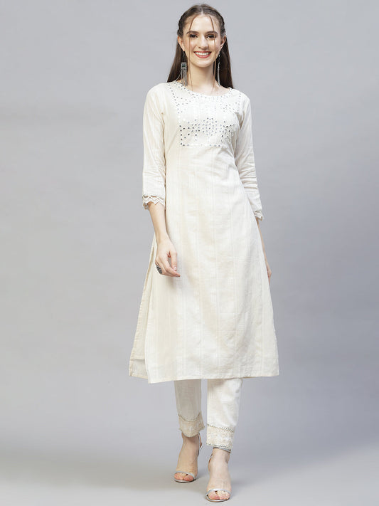 Ethnic Embroidered Straight Kurta with Pants & Dupatta - Off White