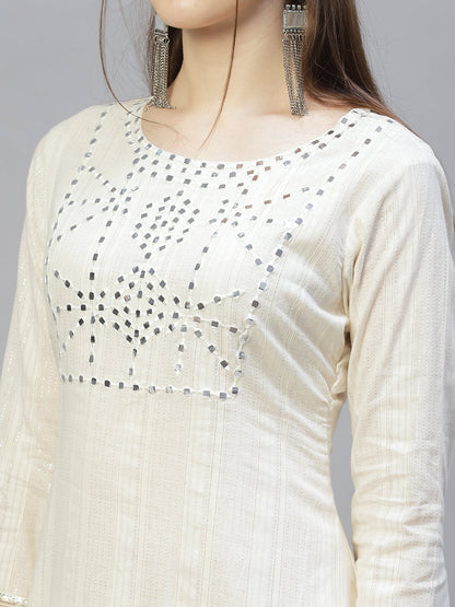 Ethnic Embroidered Straight Kurta with Pants & Dupatta - Off White