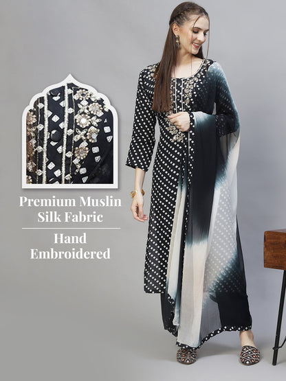 Ethnic Printed & Hand Embroidered Kurta with Pants & Dupatta - Black