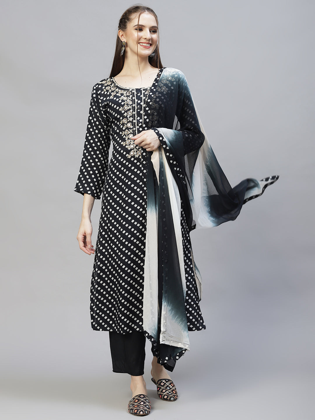 Ethnic Printed & Hand Embroidered Kurta with Pants & Dupatta - Black