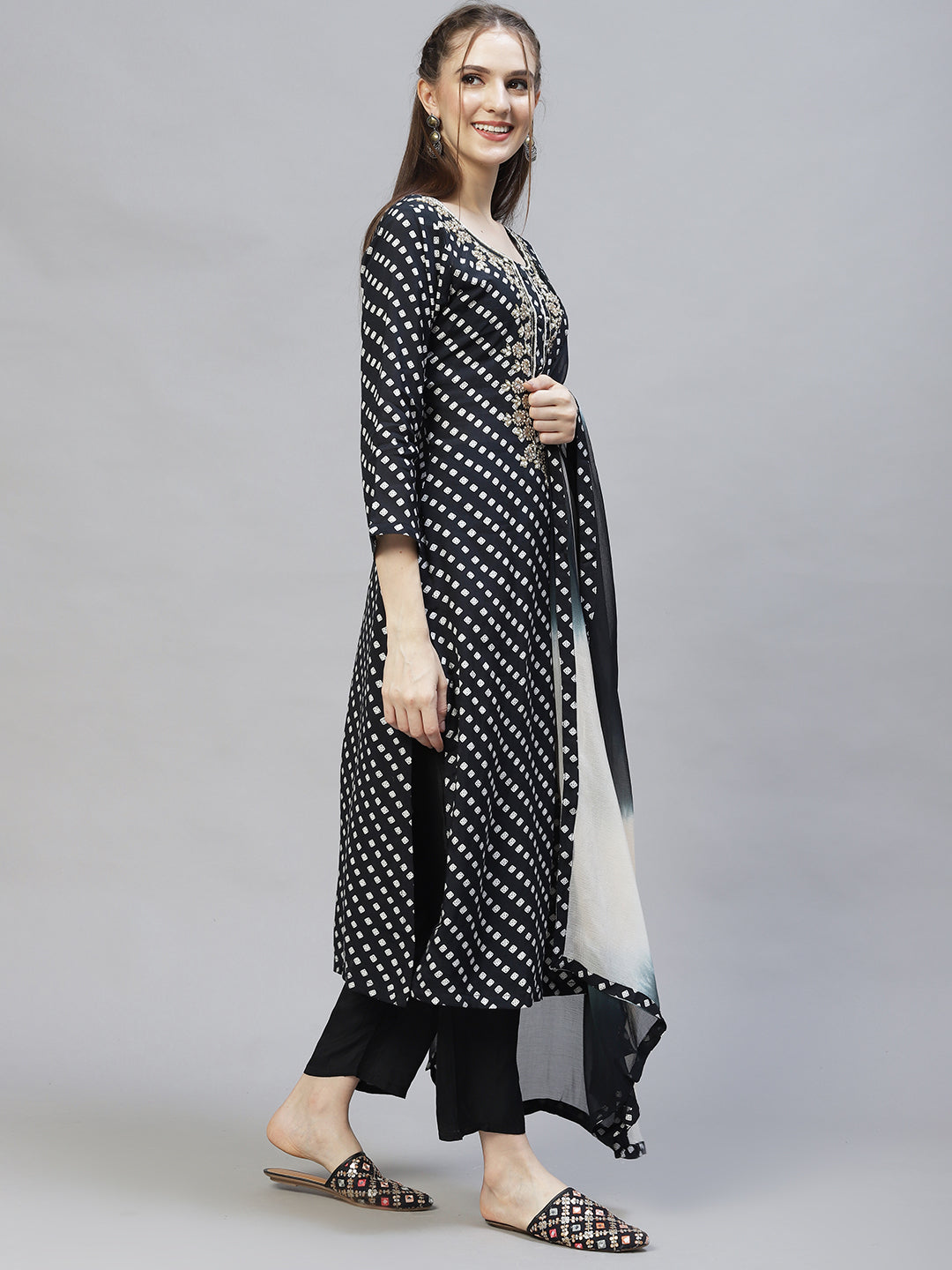 Ethnic Printed & Hand Embroidered Kurta with Pants & Dupatta - Black