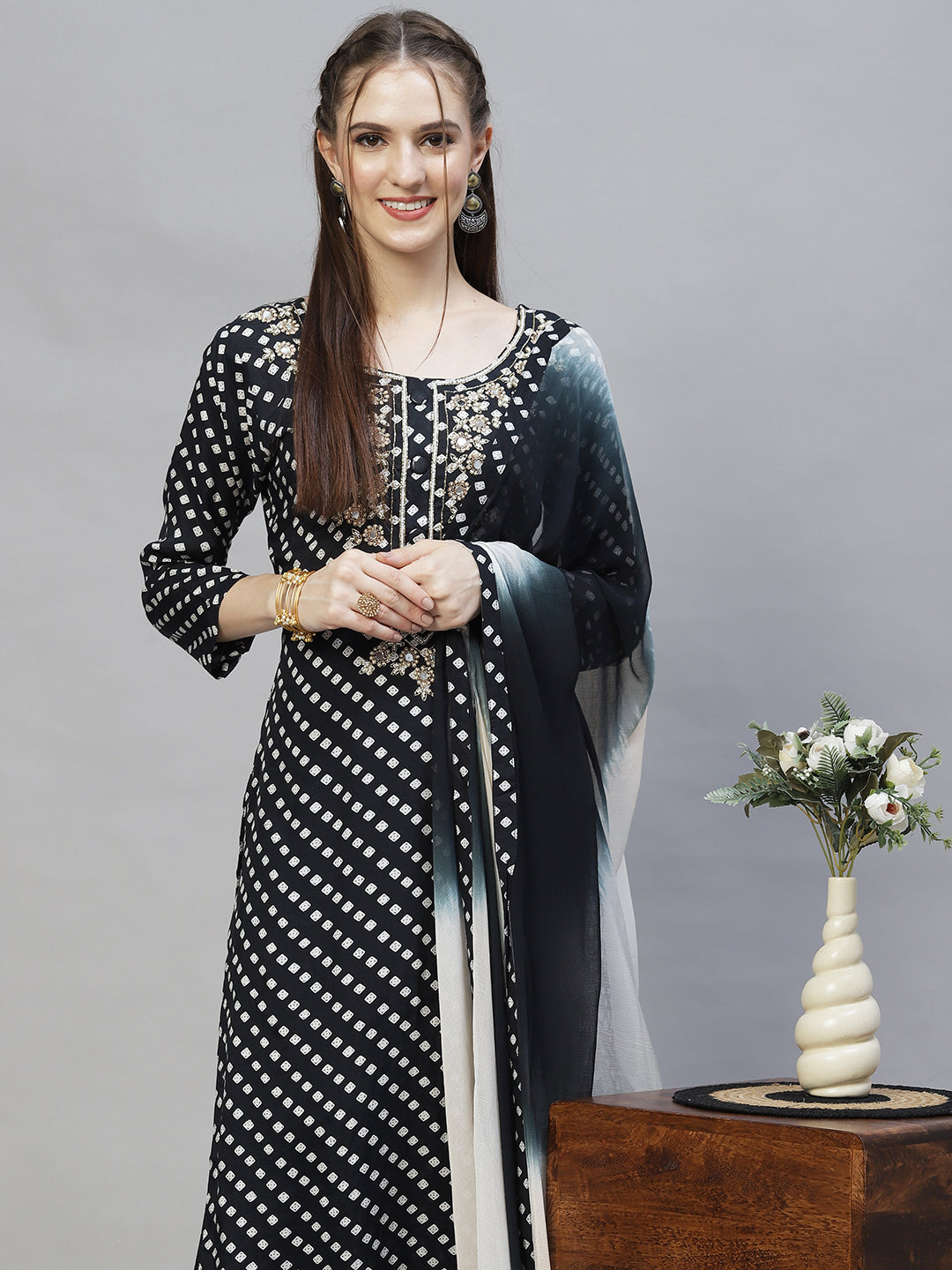 Ethnic Printed & Hand Embroidered Kurta with Pants & Dupatta - Black