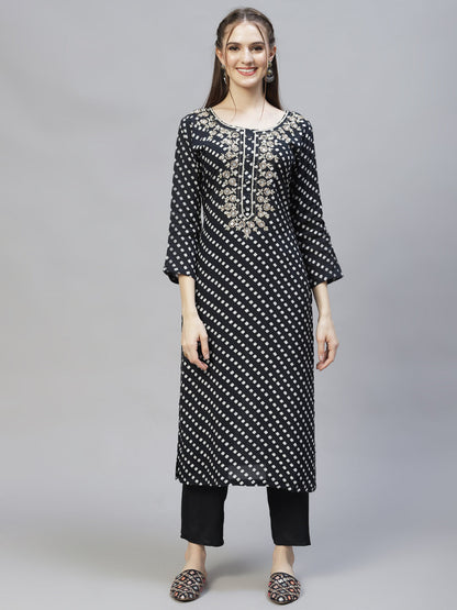 Ethnic Printed & Hand Embroidered Kurta with Pants & Dupatta - Black