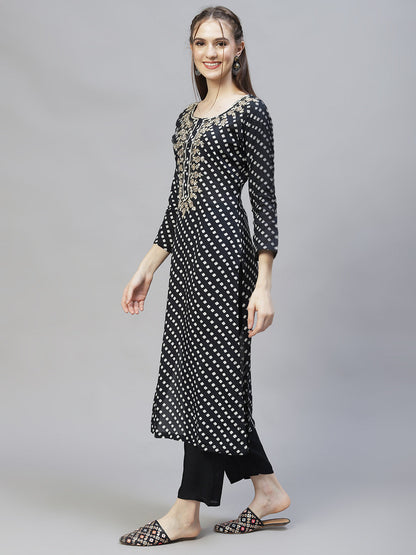 Ethnic Printed & Hand Embroidered Kurta with Pants & Dupatta - Black