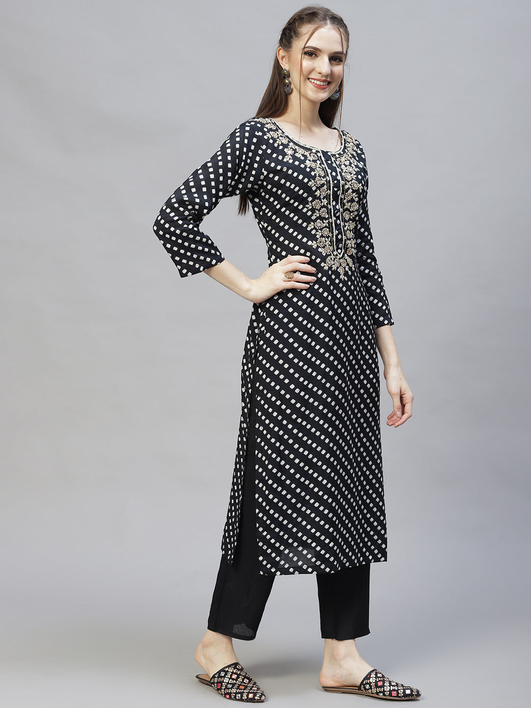 Ethnic Printed & Hand Embroidered Kurta with Pants & Dupatta - Black