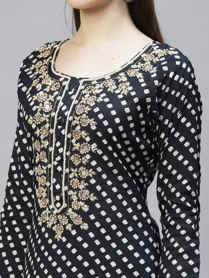 Ethnic Printed & Hand Embroidered Kurta with Pants & Dupatta - Black