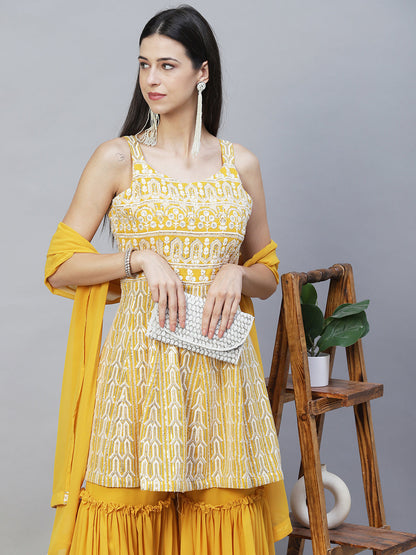 Ethnic Embroidered Anarkali Kurta with Sharara & Dupatta - Yellow