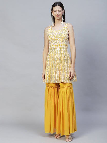 Ethnic Embroidered Anarkali Kurta with Sharara & Dupatta - Yellow